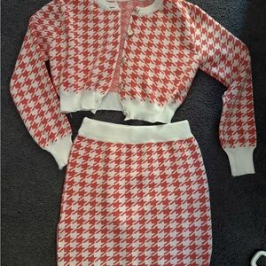 Red and White Houndstooth Cardigan and Skirt Set